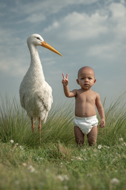 Boy standing in grass beside a white bird